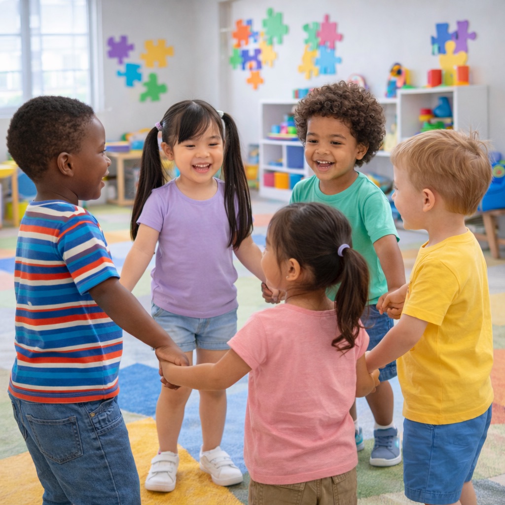 Children holding hands during group activity